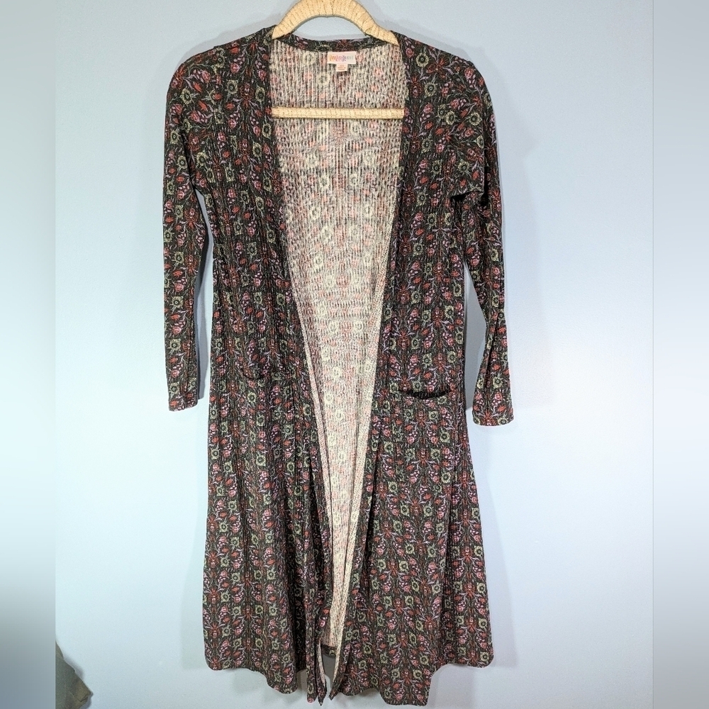 LuLaRoe Gray Floral Print Long Ribbed Open Cardigan
